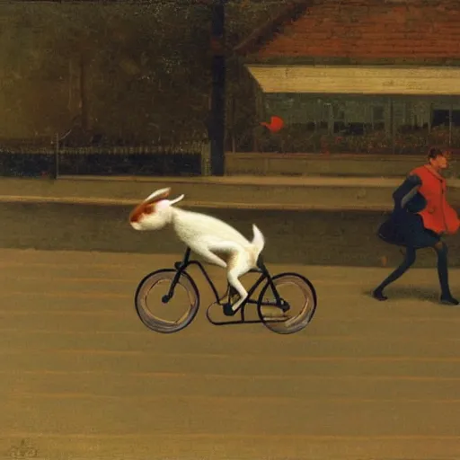 Image similar to a rabbit is chasing a car on a bicycle, by michael sowa.
