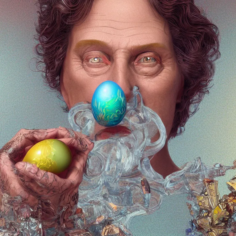 Image similar to octane render portrait by wayne barlow and carlo crivelli and glenn fabry and salvador dali and wes anderson, a beautiful woman hatching out of a perfect colorful patterned iridescent silver egg, cinema 4 d, ray traced lighting, very short depth of field, bokeh