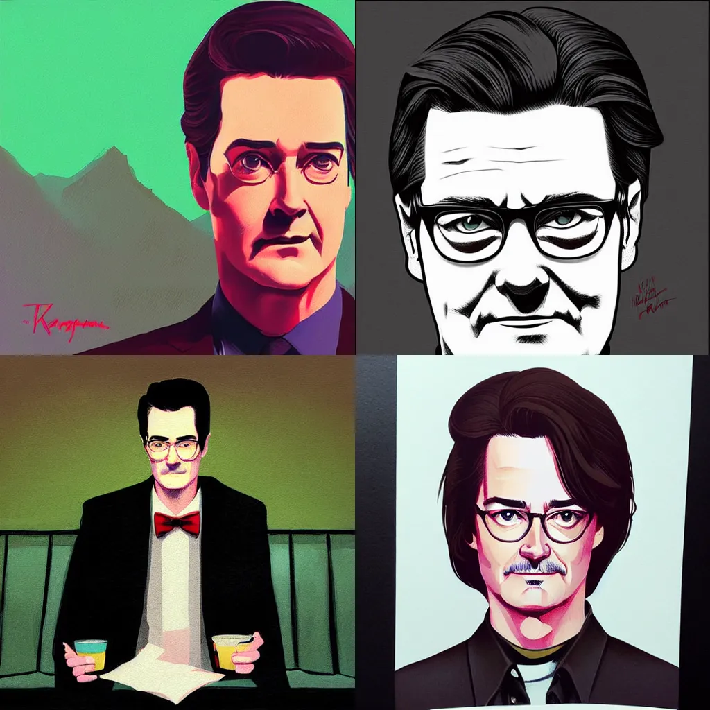 Prompt: painting Kyle MacLachlan Twin Peaks drinks coffee by Ilya Kuvshinov