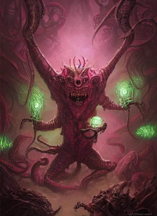 Image similar to dark lovecraft horror machine glowing reptile eyes, pink and green metal armor, elegant, highly detailed, centered, digital painting, artstation, concept art, smooth, sharp focus, illustration, artgerm, tomasz alen kopera, peter mohrbacher, donato giancola, joseph christian leyendecker, wlop, frank frazetta