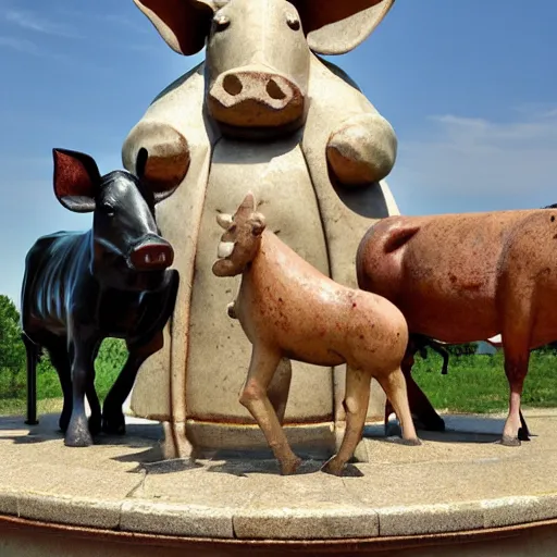 Image similar to statue of a pig, a cow, a horse and a chicken