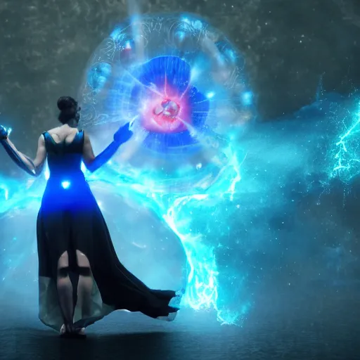 Image similar to a powerful goddess woman floating with a glowing orb of blue power in her hand, trending on artstation, colourful, powerful, dark, mysterious, maximalist, full body shot, japanese, unreal engine 5, evil, warrior, nebula background, wearing a farce robe, army behind her and war - s 1 5 0