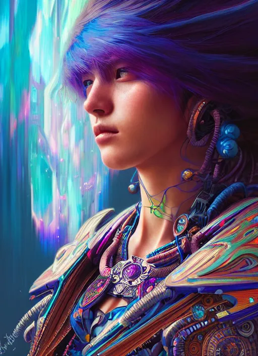 Image similar to hyper detailed ultra sharp of a beautiful shaman trance girl. trending on artstation, cyberpunk aesthetic, psywave, colorful, psychedelic, ornate, intricate, digital painting, concept art, smooth, sharp focus, illustration, art by artgerm and greg rutkowski and alphonse mucha, 8 k