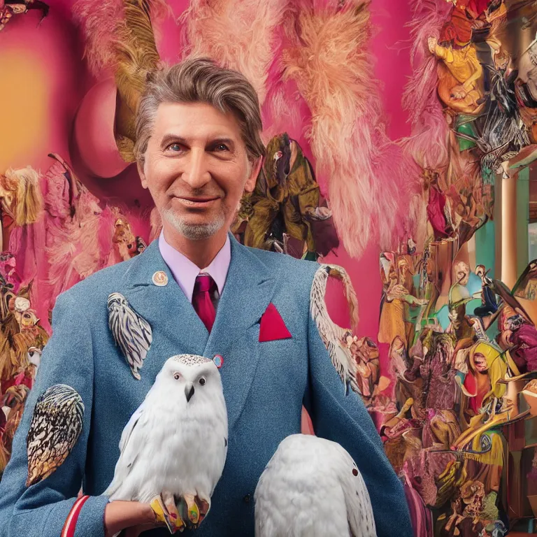 Image similar to high fashion photoshoot octane render portrait by wayne barlow and carlo crivelli and glenn fabry, a distinguished actor wearing a colorful wes anderson designed uniform and holding a small snow owl inside a high - end exotic colorful pastel vintage boutique hotel lounge, very short depth of field, bokeh