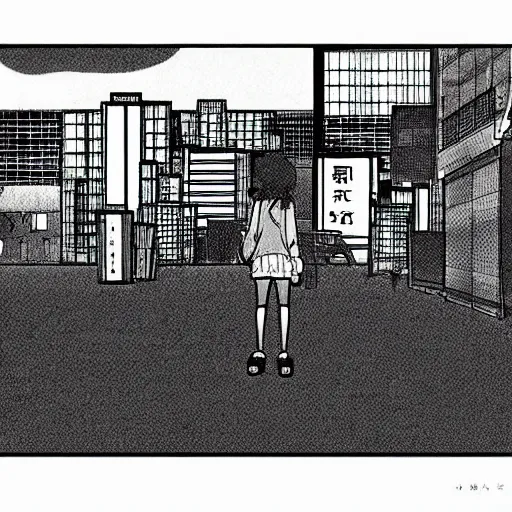 Image similar to a manga vignette with a japanese urban geometrical landscape, black and white, in style of inio asano