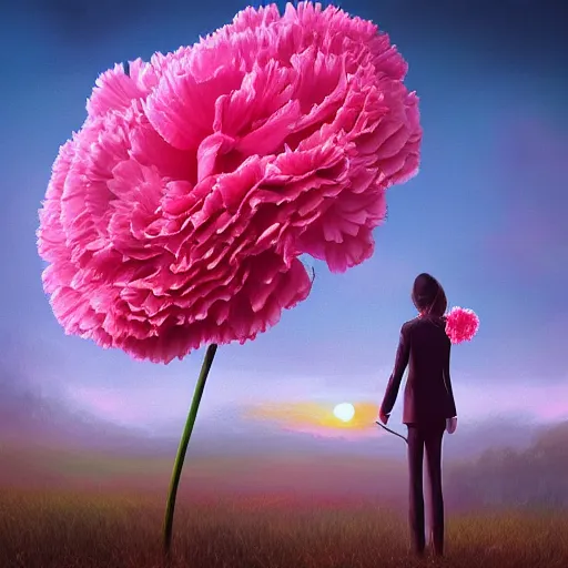 Image similar to giant carnation flower head, girl in suit, surreal photography, sunrise, dramatic light, impressionist painting, digital painting, artstation, simon stalenhag