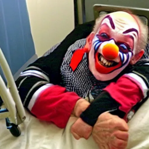 Image similar to crazy elderly clown restrained to hospital bed