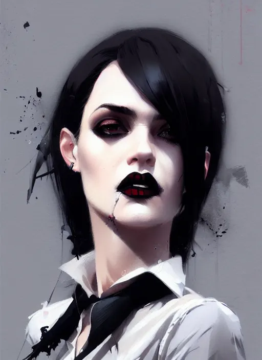 Prompt: ultradetailed beautiful panting of a stylish goth woman wearing a shirt with a tie, she has black hair, distressed, by greg rutkowski, ashley wood, ilya kuvshinov, on artstation