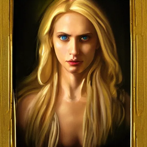 Prompt: samantha benge, a dnd fantasy, chiaroscuro devilish lighting, benge blonde woman perfect epic painting. official portrait, dnd character painting masterpiece. oil on canvas, chiaroscuro style realistic. restored face.