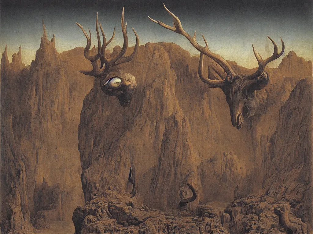 Prompt: Portrait of strange humanoid animal with antlers, snout, moth wings, mat antennae entering the toxic, phosphorescent river flowing from the factory. Apocaliptic skies. The glowing rock in the lithium desert. Painting by Jan van Eyck, Rene Magritte, Jean Delville, Max Ernst, Beksinski