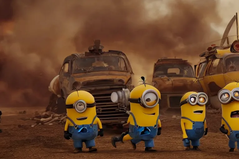 Image similar to a Minions vs Mario, yellow and red, mechabot, in the Movie Mad Max: Fury Road 2015, epic sandstorm battle, action