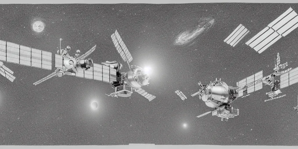 Image similar to a highly detailed graphite sketch of the international space station, with the sun reflecting off of it's windows, various refining methods