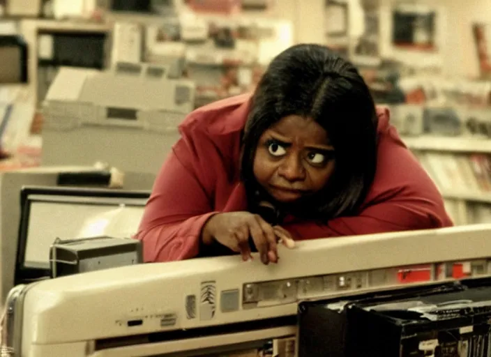 Image similar to cinematic shot of octavia spencer stressed out in an cramped used electronics store next to an old electronic keyboard, iconic scene from the paranoid thriller sci fi film directed by stanley kubrick, anamorphic cinematography, beautiful composition, color theory, leading lines, photorealistic