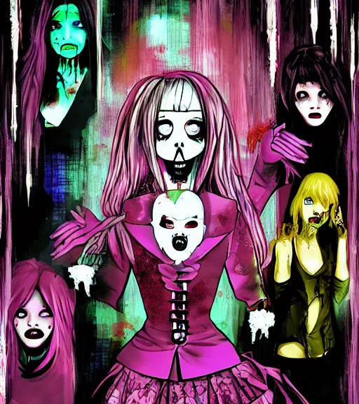 Image similar to horror acid colors, a dark picture comic featuring blood horror and goth anime girls, anime vampires, evil horror vibes