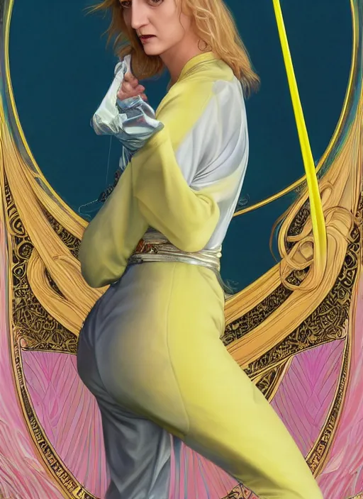 Image similar to uma thurman in kill bill, rococo and art nouveau fusion, iridescent diaphanous refractive and reflective katana, yelliw jumpsuit, highly detailed, deep focus, elegant, digital painting, smooth, sharp focus, illustration, ultra realistic, 8 k, art by artgerm and alphonse mucha