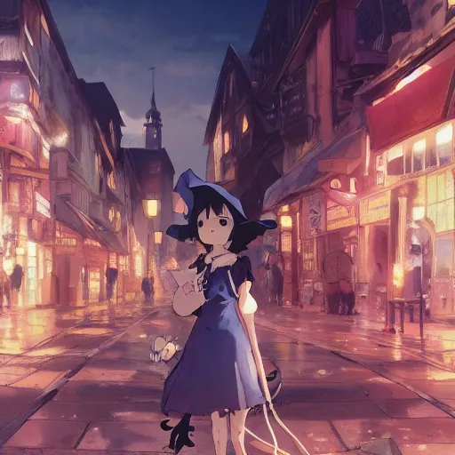 Image similar to anime key visual of a little witch with her capybara mascot walking through busy cities, cinematic lighting, dramatic atmosphere, by dustin nguyen, akihiko yoshida, greg tocchini, greg rutkowski, cliff chiang, 4 k resolution