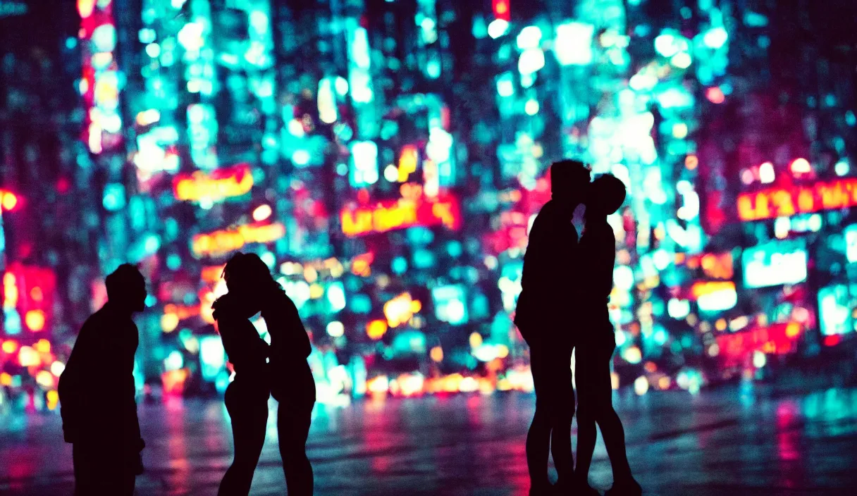 Image similar to two silhouettes kissing in front of a cyberpunk city, neon lights, bokeh, close up, award wining photograph, movie still,