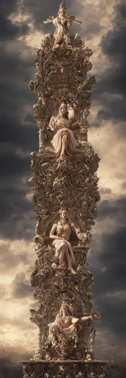 Prompt: Roman goddess on an ornate marble throne surrounded by heavenly clouds, beautiful face, intricate artwork. octane render, trending on artstation, Greg Rutkowski, golden hour, symmetrical, very coherent, cinematic, hyper realism, high detail, vibrant