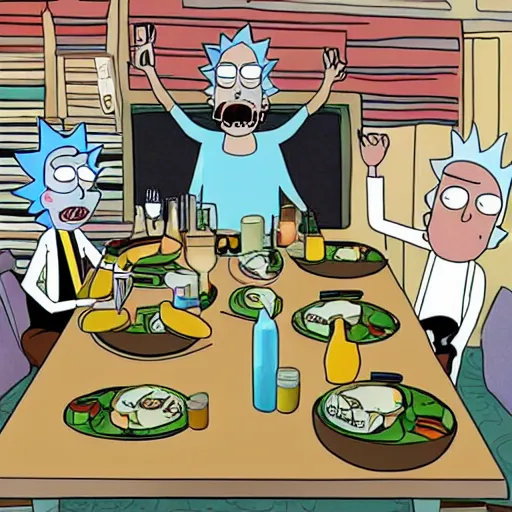 Image similar to Rick and Morty having dinner, layered paper style