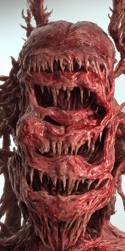 Prompt: smiling photorealistic ultra detailed humanoid creature made of decomposed bloody flesh and bones and fur, extremly detailed, 8 k, realistic, sharp focus, cosmic horror creature, cosmic horror, from the movie the thing, mysterious creature, bloody eyes, big eyes