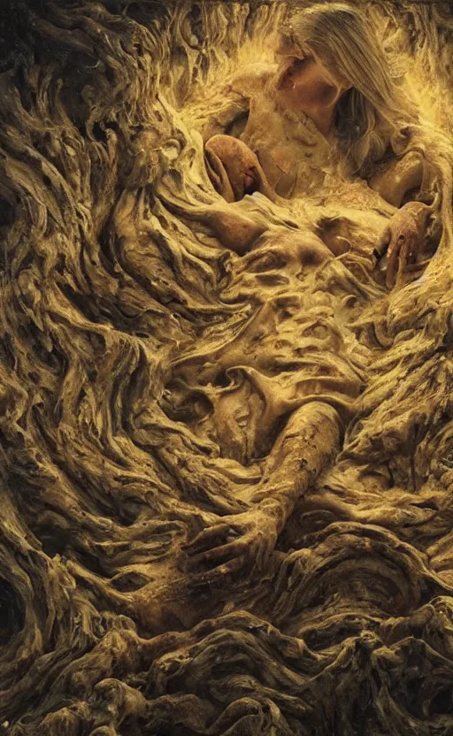 Prompt: people melting like wax, high detail, 8k, ornate, masterpiece, complex, haze, film still from the movie directed by Denis Villeneuve with art direction by Pablo Picasso and Greg rutkowski, Alex Gray
