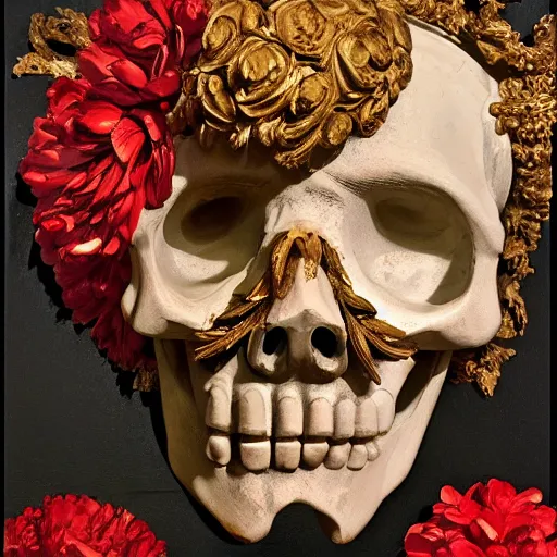 Prompt: a man in the form of a greek sculpture with a mask in the form of a skull, flower wreaths, high detail, oil painting, grandiose, red white and gold color scheme, baroque, renaissance, painted by Michelangelo