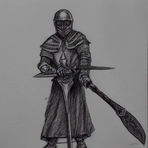 Image similar to a Ballpoint pen art sketch of an executioner holding a big axe, full body