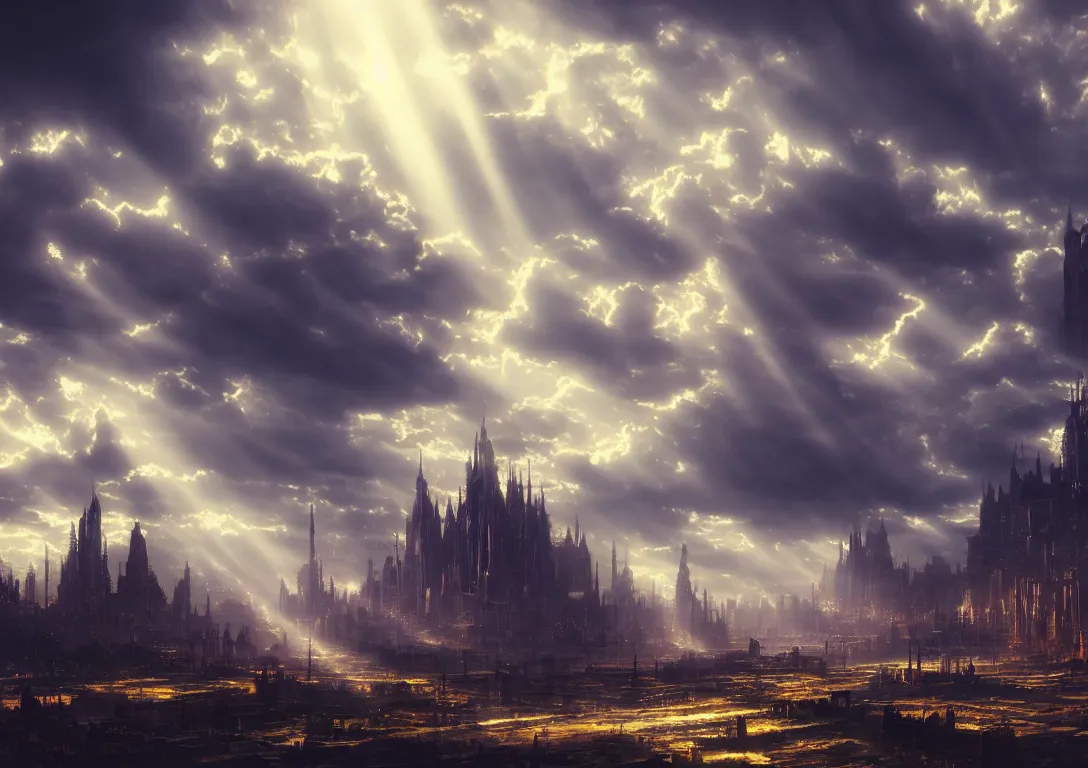 Prompt: fantasypunk city landscape, 1 9 th century daguerreotypists, cinematic, gorgeous clouds, god rays, fantasy art, octane render, ureal engine, hyperdetailed