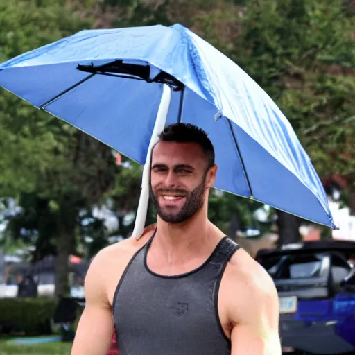 Image similar to gigachad under an umbrella grinning