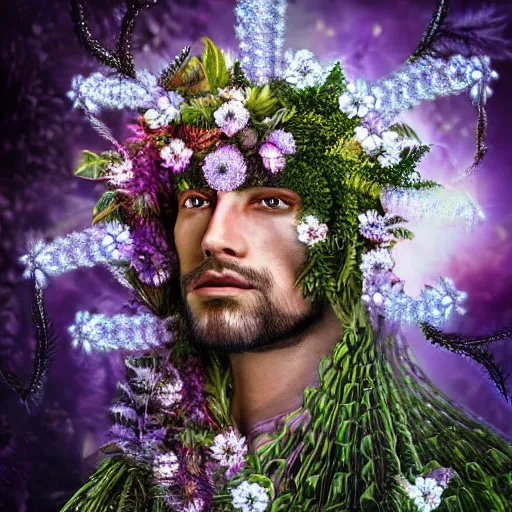 Image similar to a male knight, stern face, clear eyes, shining armour made of steel and flowers, and fractal flowery hair in a fractal garden, glowing delicate flower, berries and ferns that grow in a dark fantasy forest, full frame,