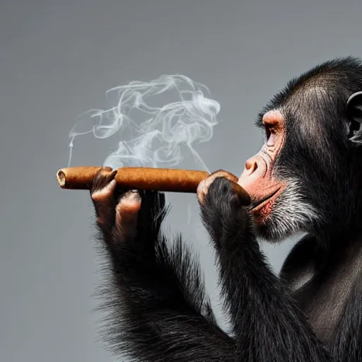 Image similar to a high detail closeup shot of a chimp wearing a suit and smoking a cigar