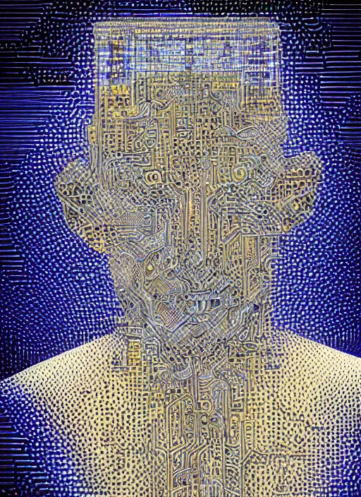 Image similar to god king of ai art, cpu gpu wafer, glitch art, notan, cyberwars by rene lalique, highly detailed, by william - adolphe bouguerea