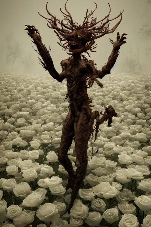 Image similar to Surreal Scifi Demon Floating in the air, in the middle of a garden of white roses burning, photo realistic, insanely detailed, mist, trending on artstation, golden ratio, ultra super good realistic 3D render by Agesandro de Rodas & Emil Melmoth