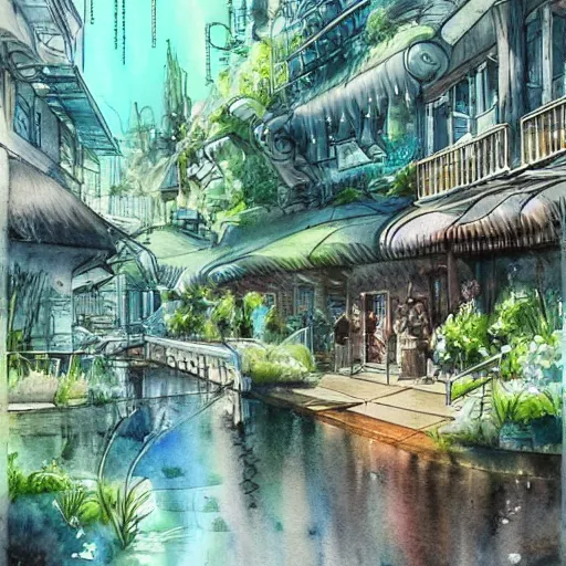 Image similar to Beautiful happy picturesque charming sci-fi city in harmony with nature. Beautiful light. Water and plants. Nice colour scheme, soft warm colour. Beautiful detailed watercolor by Lurid. (2022)