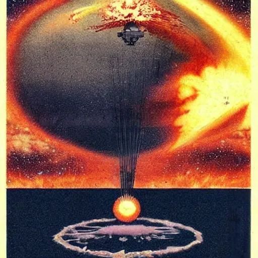 Image similar to nuclear explosion in space with a pirate ship flying away