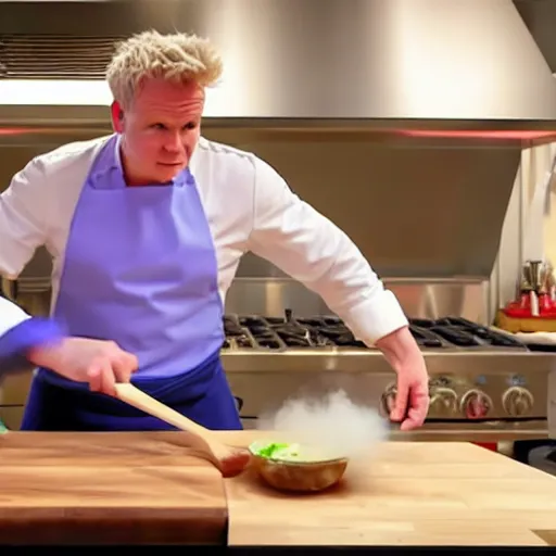 Image similar to hyper real Gordon Ramsey cooking a unicorn in kitchen 4k