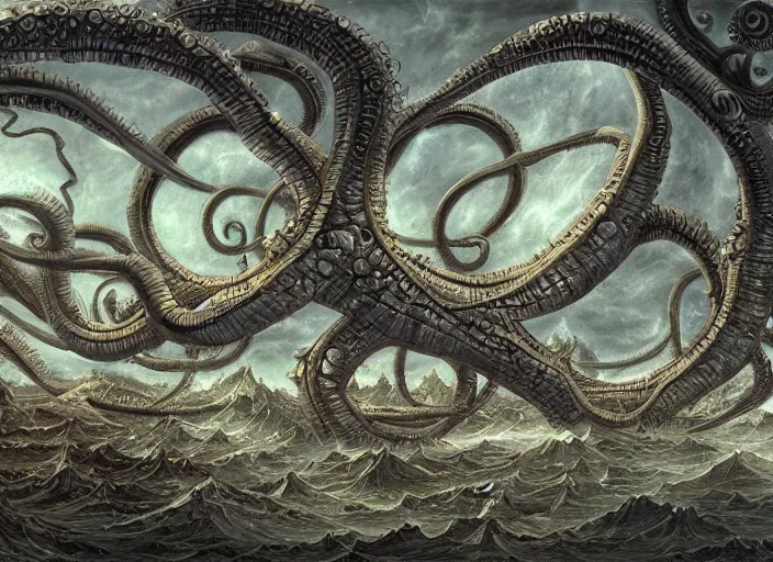 Image similar to lovecraftian structures in the sky by bosch, highly detailed digital painting