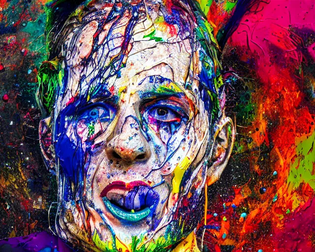 Prompt: abstract expressionist portrait of a head showing strong negative emotions painted with very thick impasto paint and acrylic pour and coloured powder explosion and splashing paint and dripping paint and flying paint chunks, motion blur, hyperrealistic, intricate art photography, anatomically correct, realistic crisp textures, dramatic lighting,