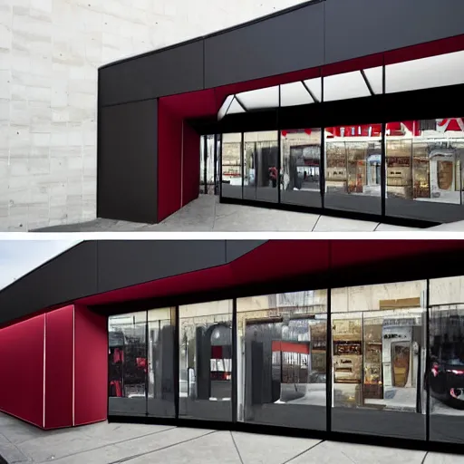 Prompt: Award winning shopfront design, convenience store, dark grey, anthracite with burgundy accents, perforated metal, paint, laser cut textures, highly detailed, bright signage, vinyl on glazing, zaha hadid