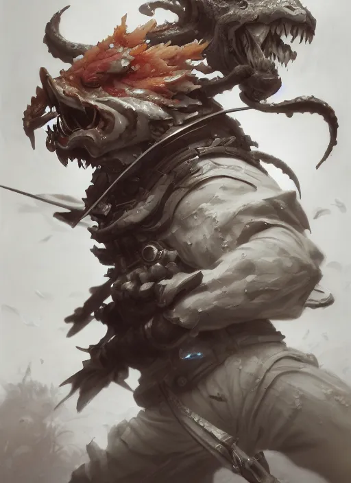 Image similar to subsurface scattering, white, koi, samurai with face armor, by jesper ejsing, justin gerard, tomasz alen kopera, cgsociety and fenghua zhong, highly detailed, rim light, cinematic lighting, illustration, art, octane render, very coherent, cinematic, hyper realism, high detail, octane render, 8 k