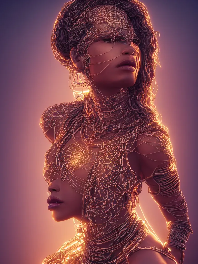 Image similar to a centered render of an alluring mystical tribal goddess adorned with cables and synthesizer parts is surrounded by sacred geometry, full body, gorgeous face, perfect face, powerful, cinematic, beautifully lit, by artgerm, 3 d, trending on artstation, octane render, 8 k