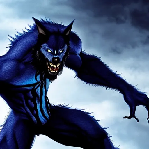 Prompt: a blue werewolf with the venom symbiote, dramatic shot, movie still