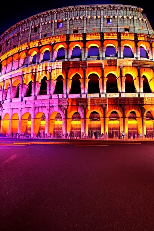 Image similar to neon streets of rome colosseum, 4 k, award winning photo