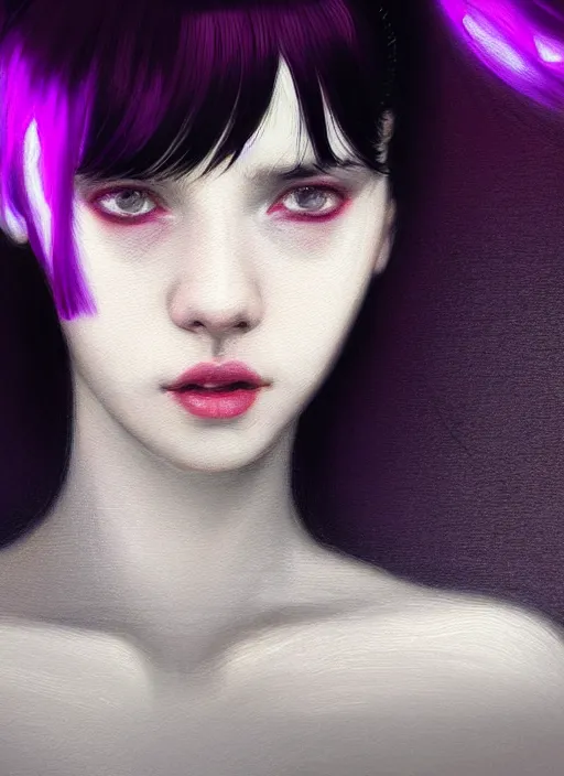 Image similar to portrait of teenage girl, red irises, bangs, black and white hair, white bangs, purple clothes, white bangs, two color hair, black hair and white bangs, intricate, elegant, glowing lights, highly detailed, digital painting, artstation, concept art, smooth, sharp focus, illustration, art by wlop, mars ravelo and greg rutkowski