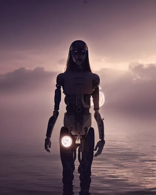 Prompt: beautiful centered photo portrait of hoyeon jung as a solarpunk robotic humanoid with white mechanical parts with bright halogen lights, walking through calm water, ultra - realistic and detailed, foggy background, sunset lighting, soft focus, slow exposure hdr 8 k