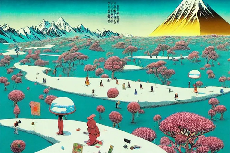 Image similar to surreal glimpse into other universe, himalaya with snow ice cream, summer morning, very coherent and colorful high contrast, art by!!!! gediminas pranckevicius!!!!, geof darrow, floralpunk ukiyo - e woodblock, dark shadows, hard lighting