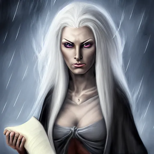 Prompt: beautiful old female dark elf with white hair holding a scroll, storm background, digital painting, detailed, realism, perfect symmetry