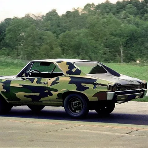 Prompt: camo - 6 7 chevelle, with a tank gun / turret on the roof