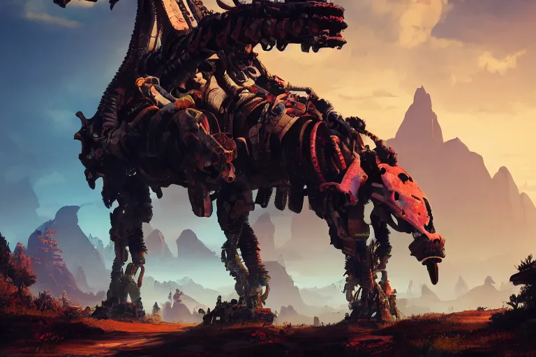 Image similar to grimhorn fanghorn machine mecanical creature robot of horizon forbidden west horizon zero dawn bioluminiscence global illumination ray tracing hdr fanart arstation by ian pesty and alena aenami artworks in 4 k