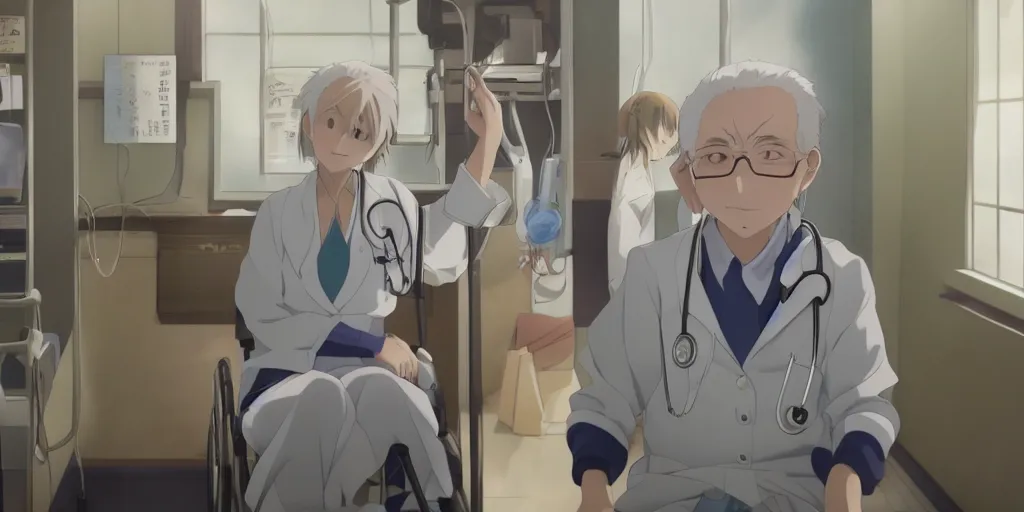Image similar to a cute young female doctor wearing white coat, an old man of 80 years in a wheelchair, hospital ward, slice of life anime, cinematic, realistic, anime scenery by Naoshi Arakawa:8 and Makoto shinkai